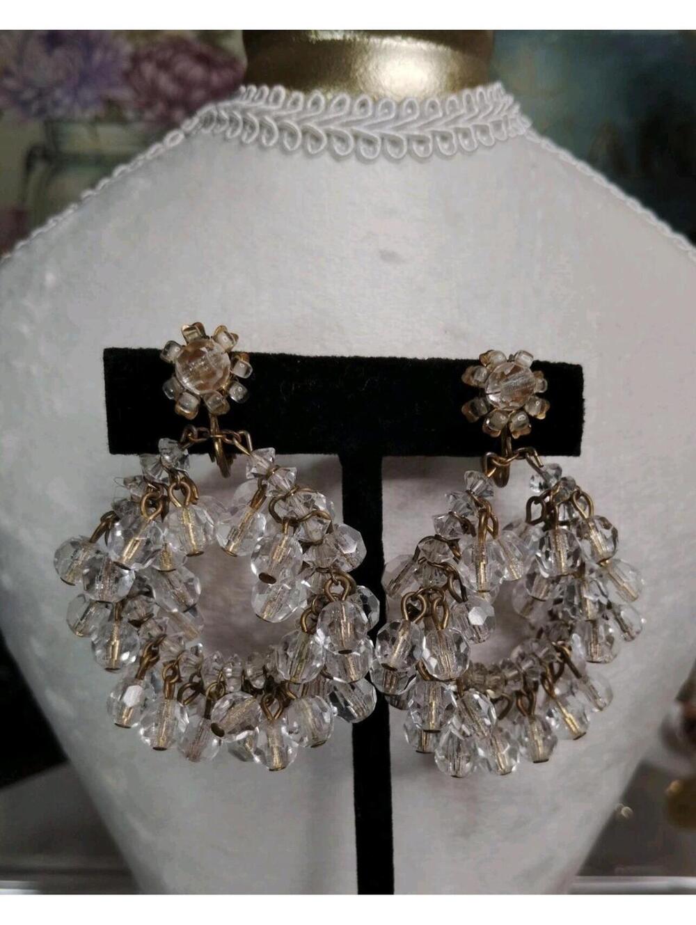 MIRIAM HASKELL VINTAGE Crystal Glass Chandelier Earrings SIGNED